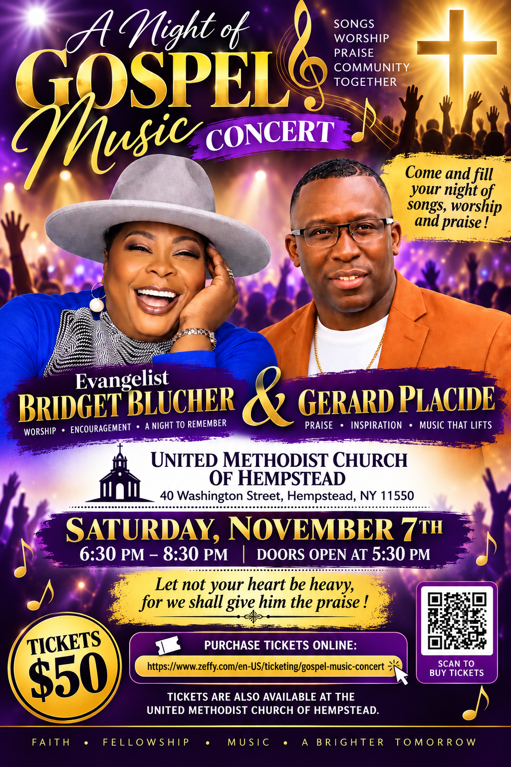 A Night of Gospel Music Concert flyer — Evangelist Bridget Blucher and Gerard Placide, Saturday, November 7, 2026, 6:30–8:30 PM (doors 5:30 PM) at the United Methodist Church of Hempstead, 40 Washington Street, Hempstead NY 11550. Tickets $50, available online via Zeffy or in person at the church.